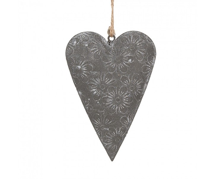 Šedé plechové ozdobné závěsné srdce s květy S - 11*2*8 cm Clayre & Eef