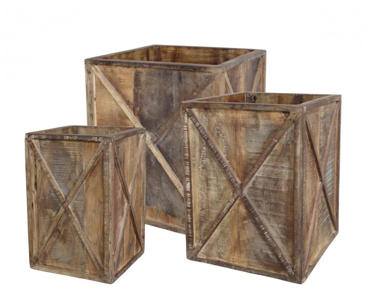 3ks hnědý antik dřevěný box / obal na květináč Grimaud Unit - 37*37*40/ 30*30*39/ 24*24*37 cm Chic Antique