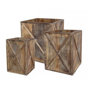 3ks hnědý antik dřevěný box / obal na květináč Grimaud Unit - 37*37*40/ 30*30*39/ 24*24*37 cm