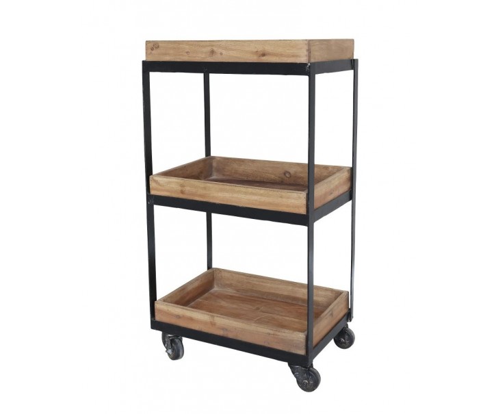 Hnědý kovový retro vozík s dřevěnými podnosy Grimaud Unit - 39*28*72 cm Chic Antique