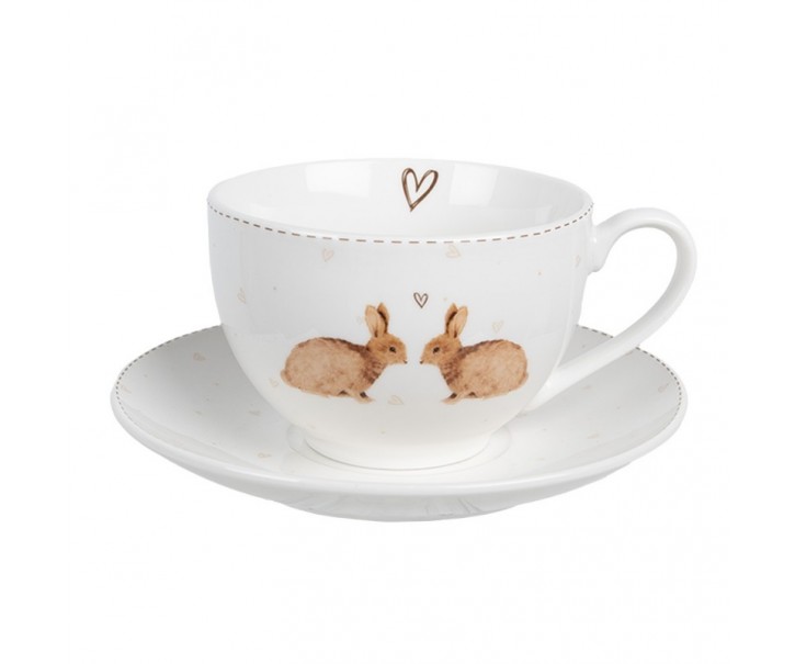 Šálek s podšálkem s králíčky a srdíčky Bunnies in Love - 12*9*6 cm / Ø 14*2 cm / 250 ml Clayre & Eef