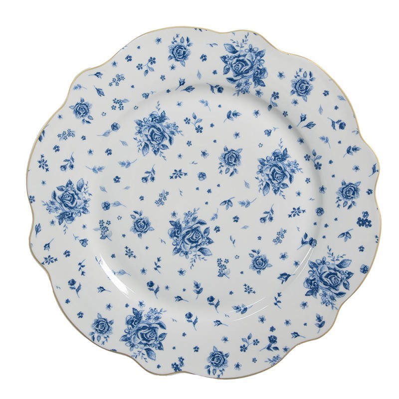 Bílý jídelní talíř s modrými růžičkami Blue Rose Blooming - Ø 27*2 cm Clayre & Eef Bílý jídelní talíř s modrými růžičkami Blue Rose Blooming - Ø 27*2 cm Clayre & Eef
