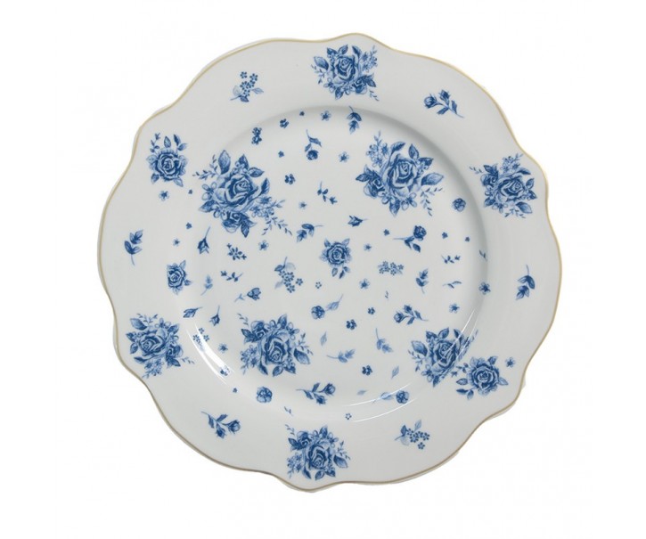 Bílý dezertní talíř s modrými růžičkami Blue Rose Blooming - Ø 20*2 cm Clayre & Eef
