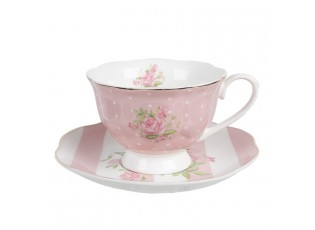 Bílo-růžový šálek a podšálkem s růžičkami Sweet Roses - 12*9*6 cm / Ø 14*2 cm / 200 ml
