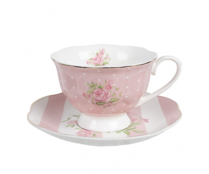 Bílo-růžový šálek a podšálkem s růžičkami Sweet Roses - 12*9*6 cm / Ø 14*2 cm / 200 ml Clayre & Eef