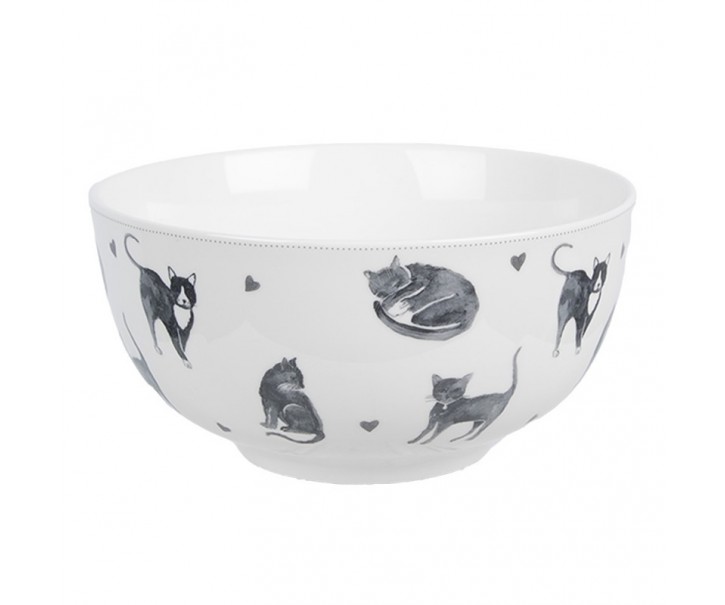 Bílo-šedá porcelánová miska Cats and Kittens – Ø14*7 cm / 500 ml Clayre & Eef