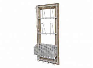 Krémová antik dřevěno-kovová nástěnná polička s háčky Old Shelf - 40*15*90 cm