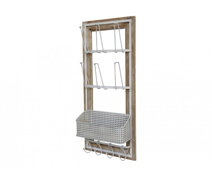 Krémová antik dřevěno-kovová nástěnná polička s háčky Old Shelf - 40*15*90 cm Chic Antique
