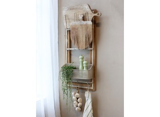 Krémová antik dřevěno-kovová nástěnná polička s háčky Old Shelf - 40*15*90 cm