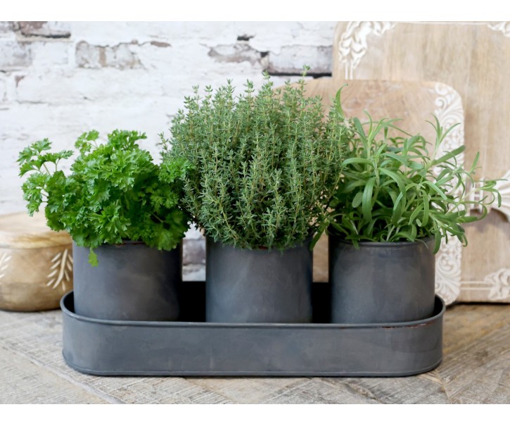 Set 3ks plechový obal na květináč s táckem Palli - Ø 10*12/ 36*12*5,5 cm Chic Antique