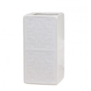Bílý keramický držák na kartáčky s ornamenty - 7*7*12 cm