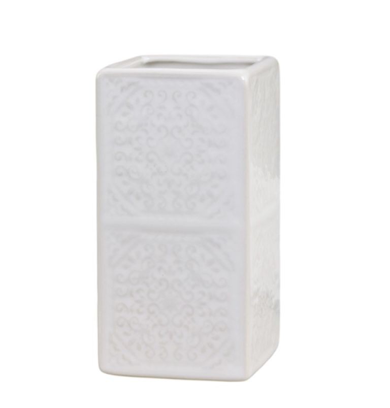 Bílý keramický držák na kartáčky s ornamenty - 7*7*12 cm