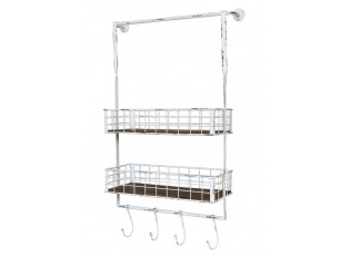 Krémová antik kovová nástěnná polička s háčky Old Shelf - 48*18*77 cm