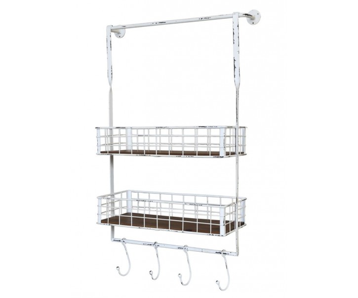 Krémová antik kovová nástěnná polička s háčky Old Shelf - 48*18*77 cm Chic Antique