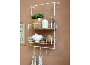 Krémová antik kovová nástěnná polička s háčky Old Shelf - 48*18*77 cm