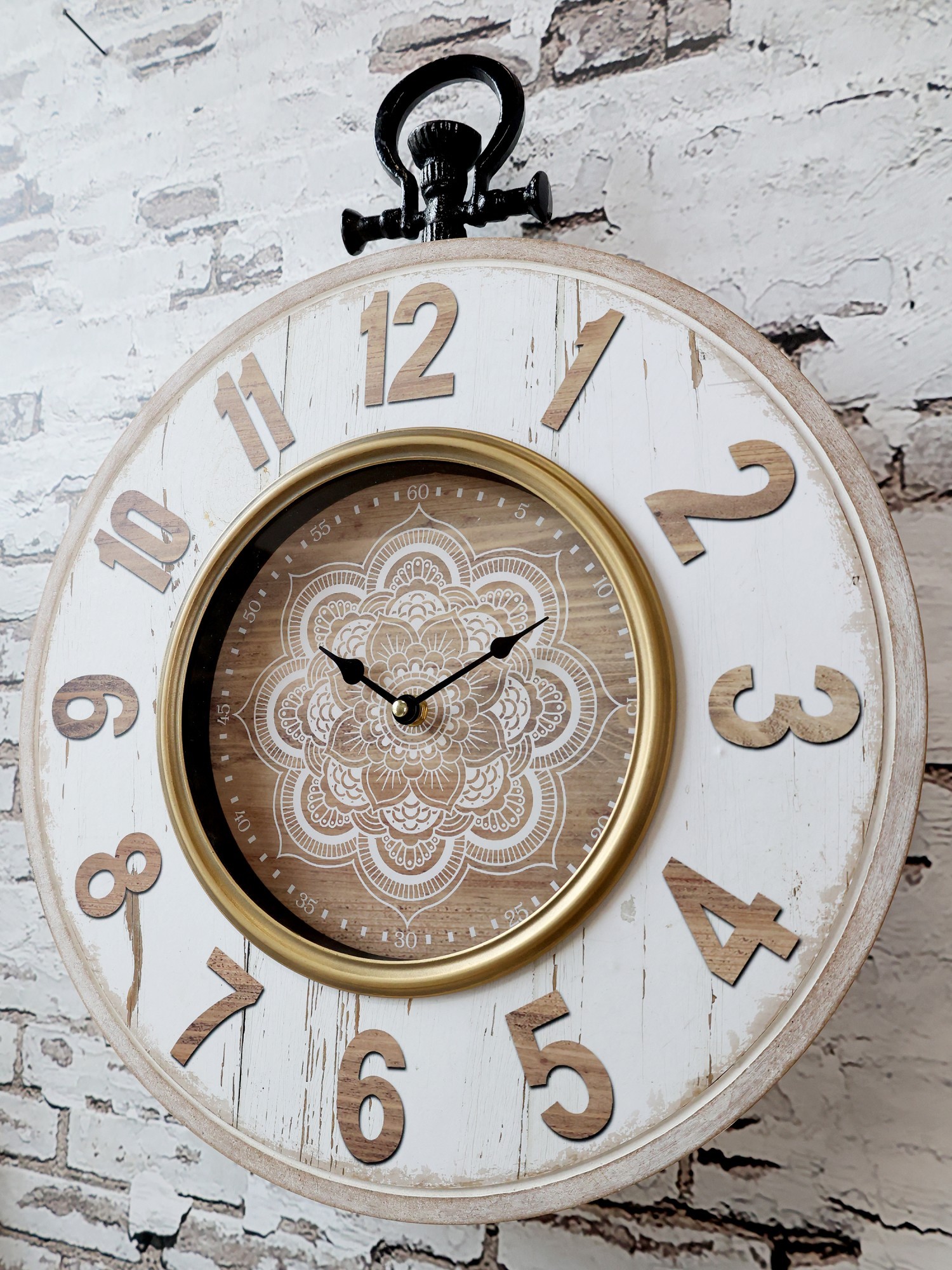Přírodně - krémové nástěnné hodiny Mandala – 40*7*50 cm / 1*AA Chic Antique Přírodně - krémové nástěnné hodiny Mandala – 40*7*50 cm / 1*AA Chic Antique