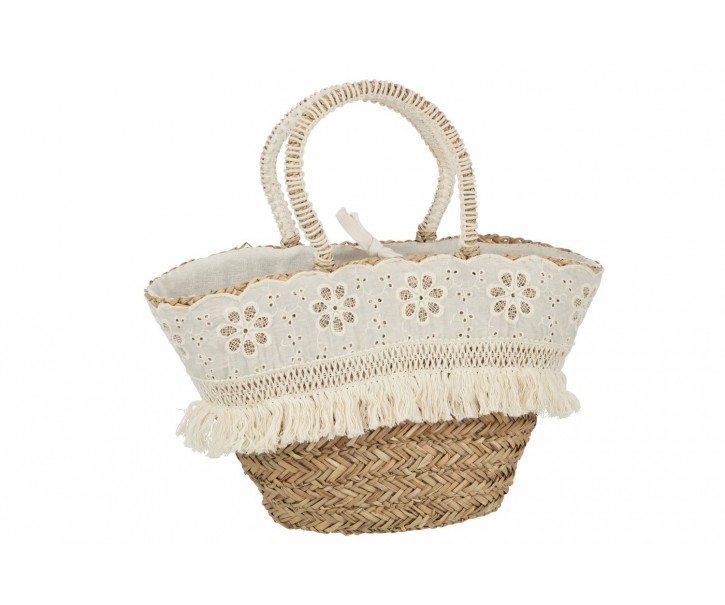 Plážová taška z mořské trávy s kytičkovou krajkou Beach Bag Lace - 59*16*30 cm J-Line by Jolipa