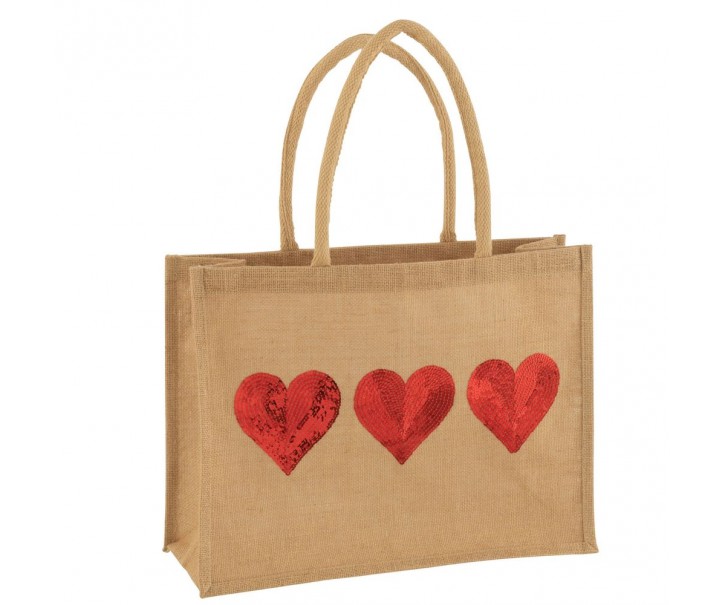 Plážová jutová taška s flitrovými srdíčky Beach Bag Jute - 43*16*33 cm J-Line by Jolipa
