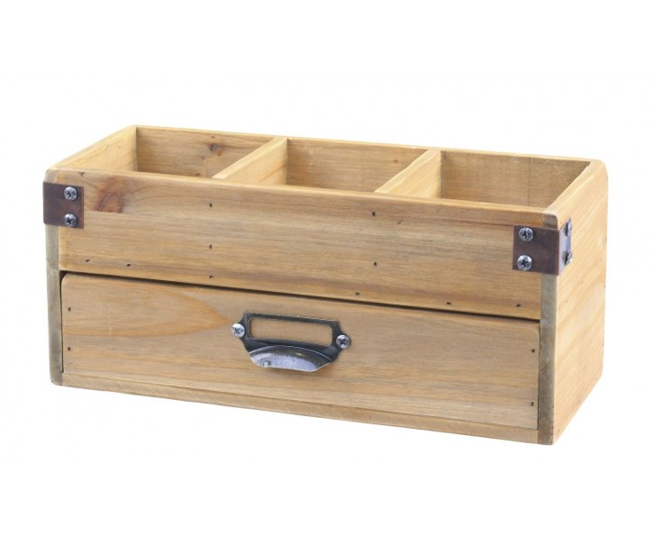 Přírodní dřevěný úložný box se 3mi přihrádkami a zásuvkou Gila - 30*13*13 cm Chic Antique