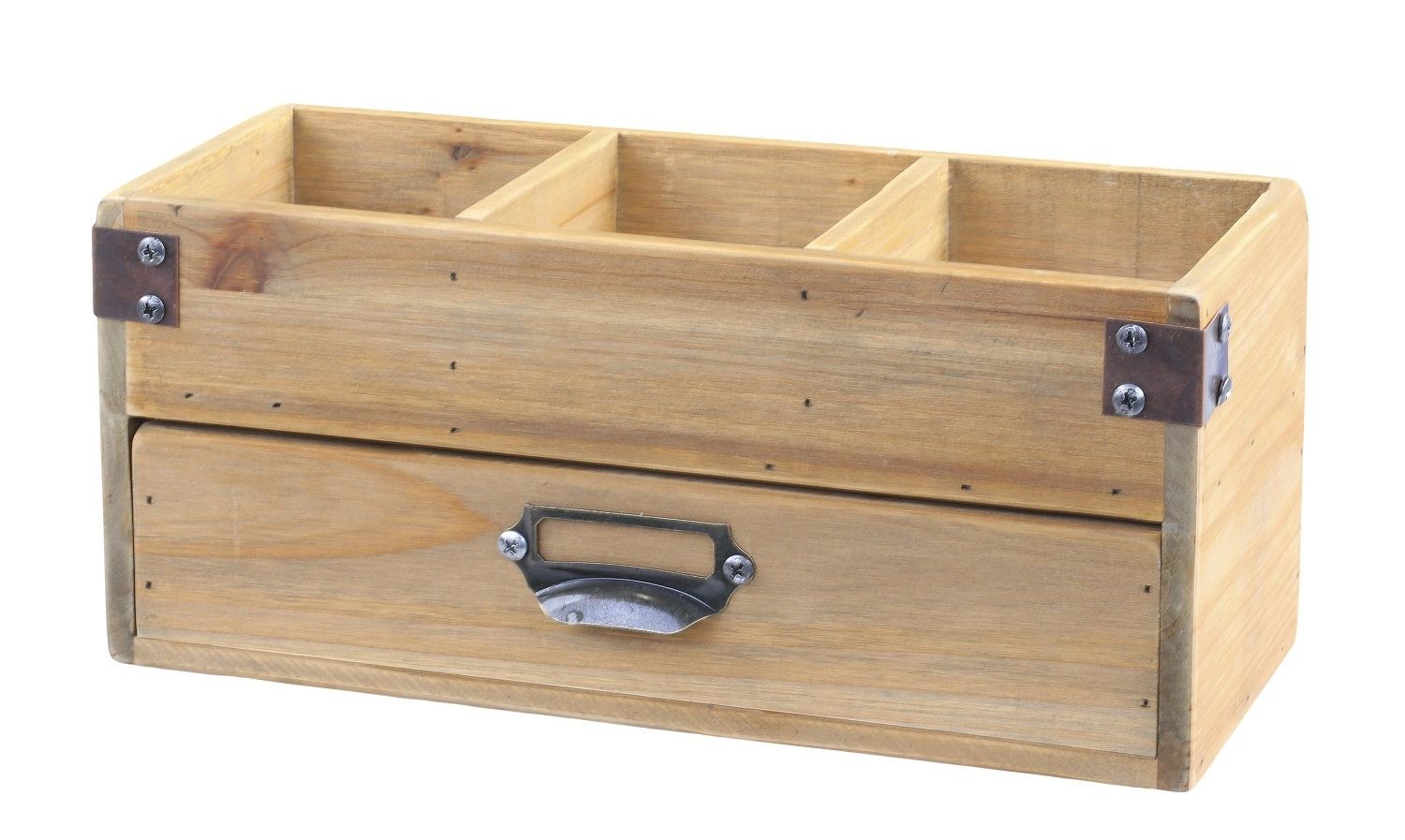 Přírodní dřevěný úložný box se 3mi přihrádkami a zásuvkou Gila - 30*13*13 cm