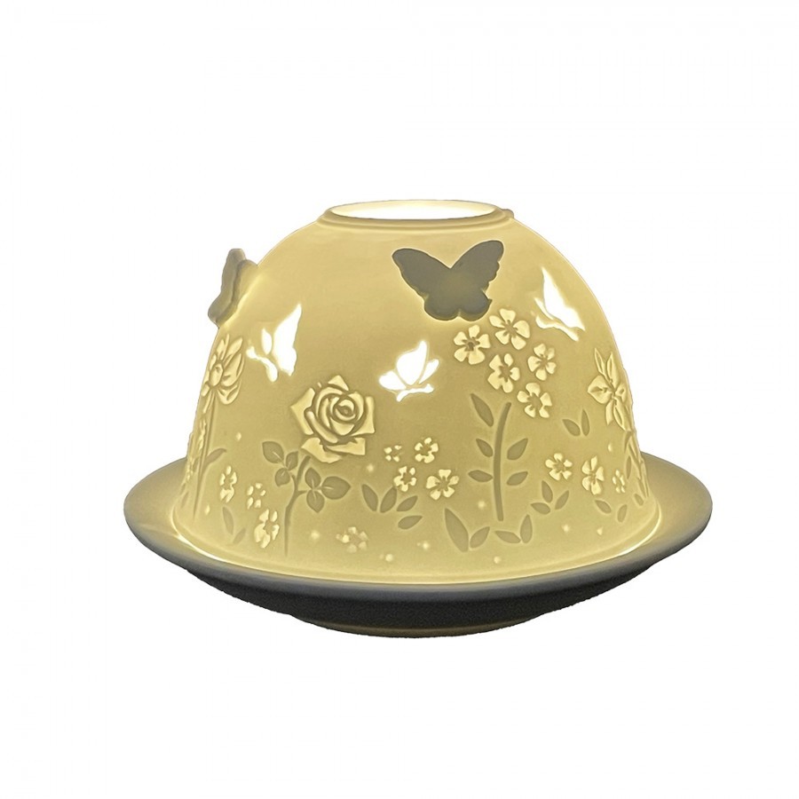 Bílý porcelánový svícen na čajovou svíčku s motýlky a růžemi Paollo - Ø 12 * 8 cm