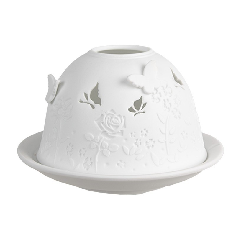 Bílý porcelánový svícen na čajovou svíčku s motýlky a růžemi Paollo - Ø 12 * 8 cm Clayre & Eef Bílý porcelánový svícen na čajovou svíčku s motýlky a růžemi Paollo - Ø 12 * 8 cm Clayre & Eef