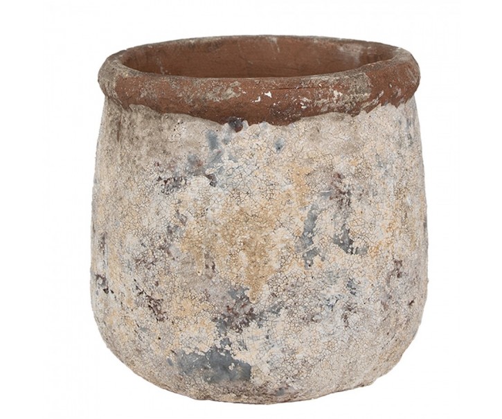 Dekorativní béžovo-zelený antik terakotový květináč Teracci - Ø 18*17 cm Clayre & Eef