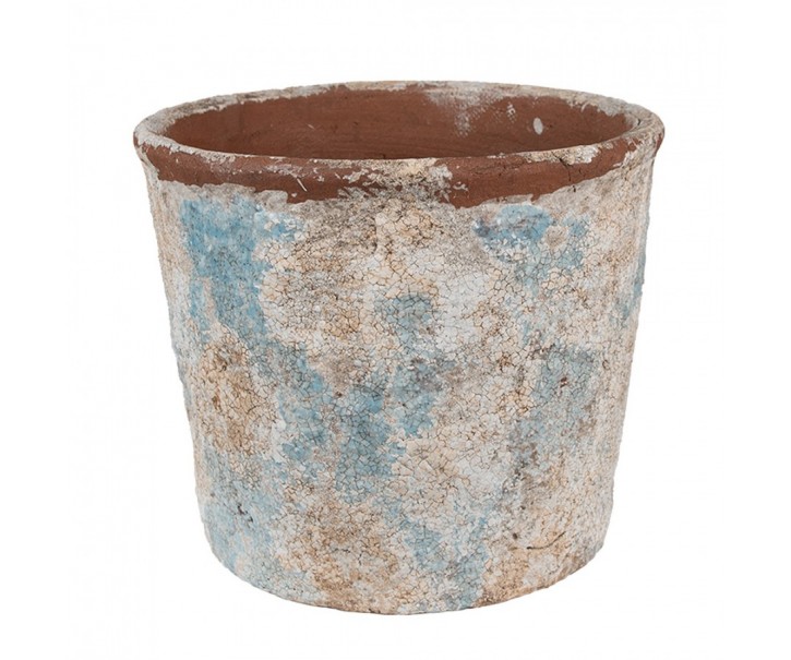 Dekorativní béžovo-modrý antik terakotový květináč Teracci - Ø 23*20 cm Clayre & Eef