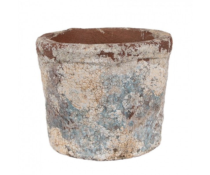 Dekorativní béžovo-modrý antik terakotový květináč Teracci - Ø 12*10 cm Clayre & Eef