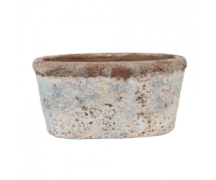 Oválný dekorativní béžovo-modrý antik terakotový květináč Teracci - 19*11*10 cm Clayre & Eef