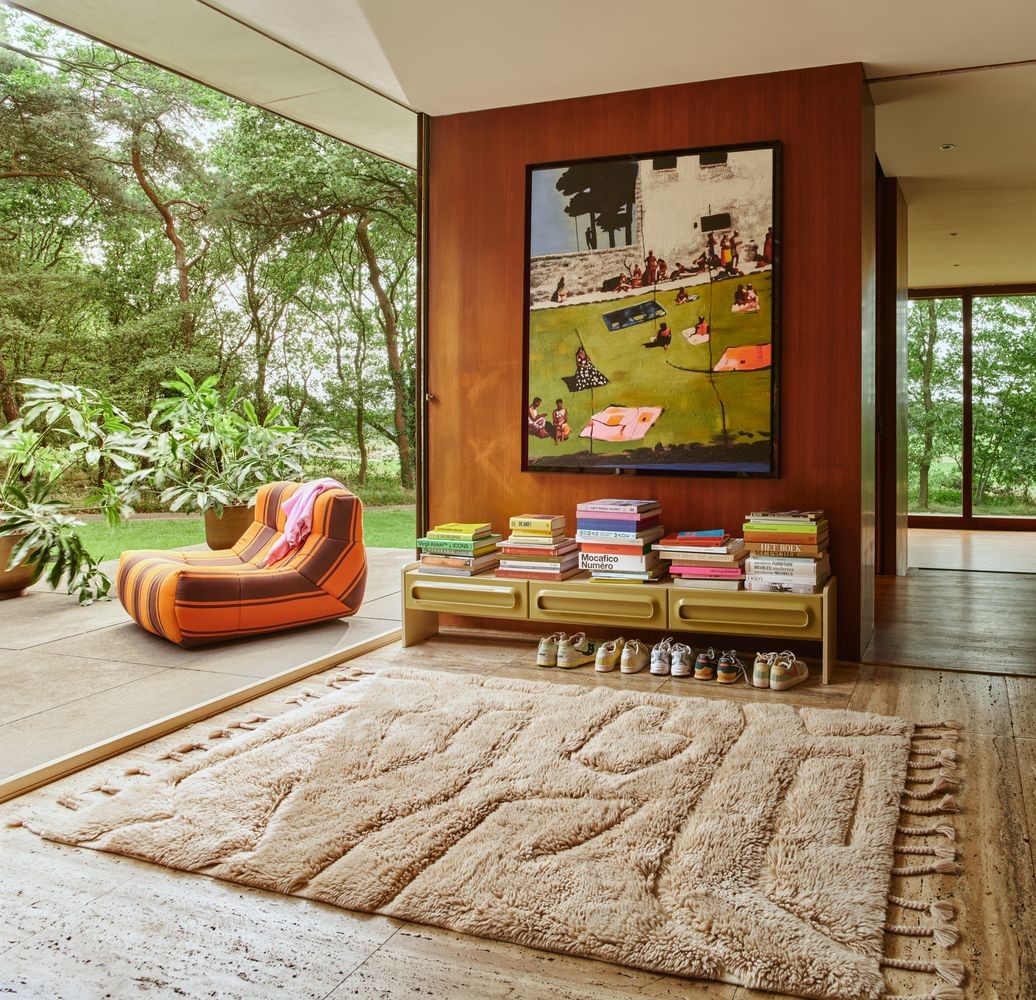 Oranžovo-hnědé venkovní pěnové pruhované lehátko Lazy Lounge - 105*105*75 cm HKLIVING Oranžovo-hnědé venkovní pěnové pruhované lehátko Lazy Lounge - 105*105*75 cm HKLIVING