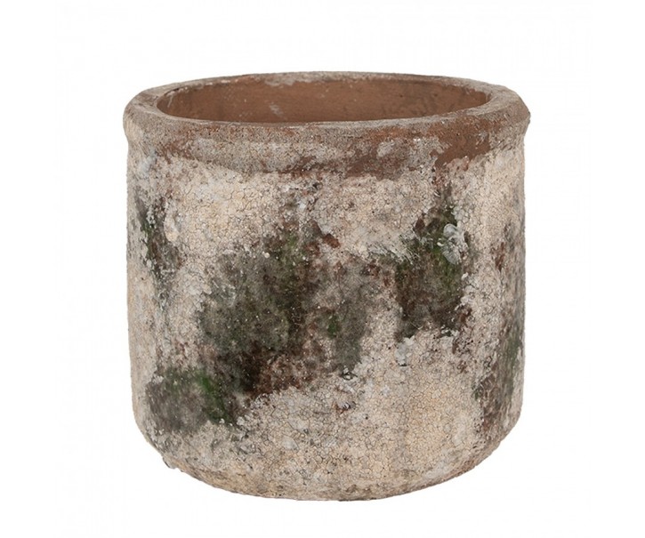 Dekorativní béžovo-zelený antik terakotový květináč Teracci M - Ø 14*12 cm Clayre & Eef
