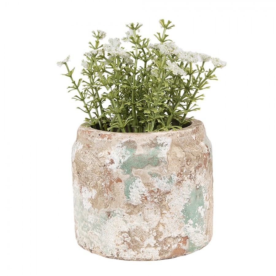 Dekorativní béžovo-zelený antik terakotový květináč Teracci - Ø11*9 cm Clayre & Eef Dekorativní béžovo-zelený antik terakotový květináč Teracci - Ø11*9 cm Clayre & Eef