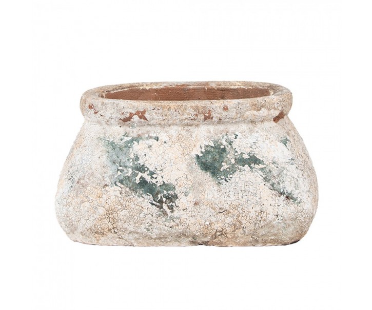 Dekorativní béžovo-zelený antik terakotový květináč Teracci - 17*13*9 cm Clayre & Eef
