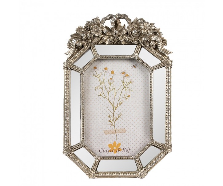 Stříbrný antik fotorámeček se zrcátky a květy Romantique - 15*3*24 cm / 10*15 cm Clayre & Eef