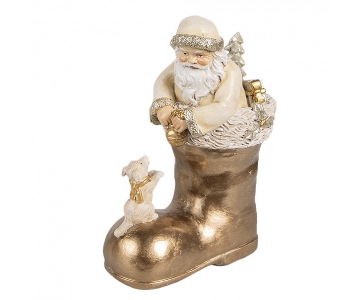 Béžová vánoční dekorace Santa ve zlaté botě - 12*7*16 cm Clayre & Eef