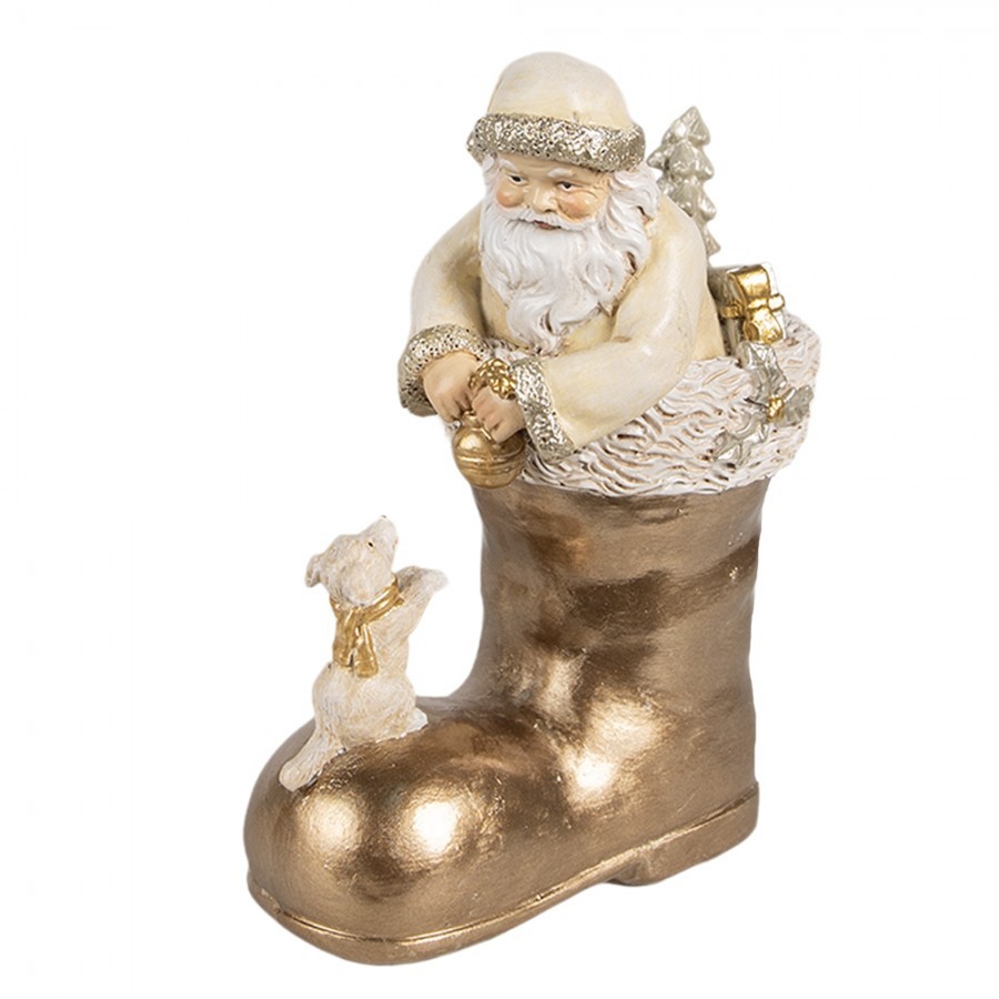 Béžová vánoční dekorace Santa ve zlaté botě - 12*7*16 cm