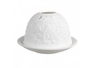 Bílý porcelánový svícen na čajovou svíčku s vánoční vesničkou Paollo - Ø 12 * 8 cm