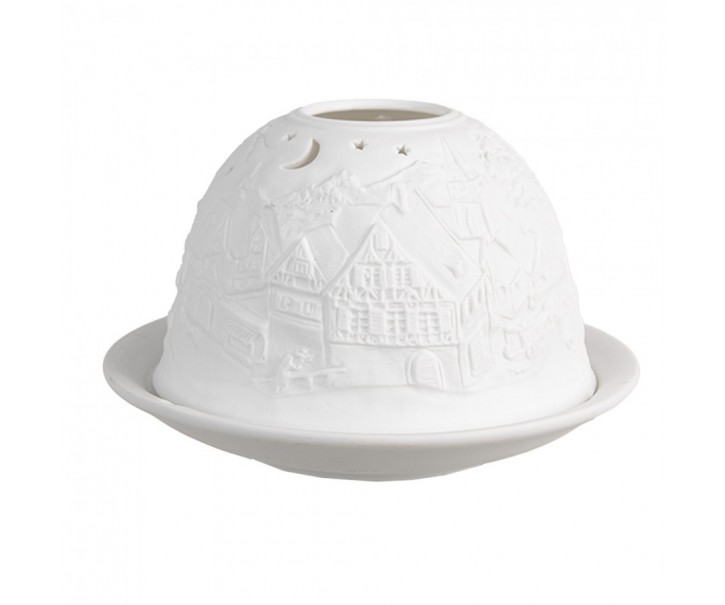 Bílý porcelánový svícen na čajovou svíčku s vánoční vesničkou Paollo - Ø 12 * 8 cm Clayre & Eef