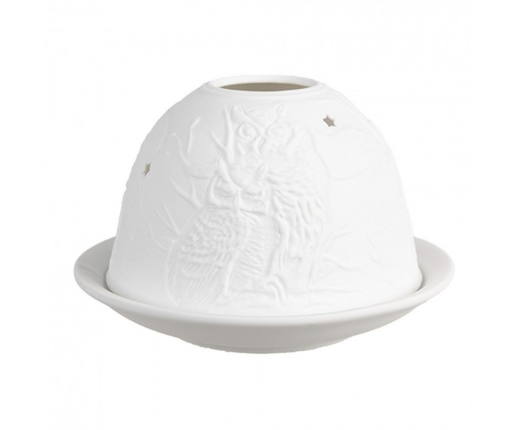 Bílý porcelánový svícen na čajovou svíčku se sovami Paollo - Ø 12*8 cm Clayre & Eef
