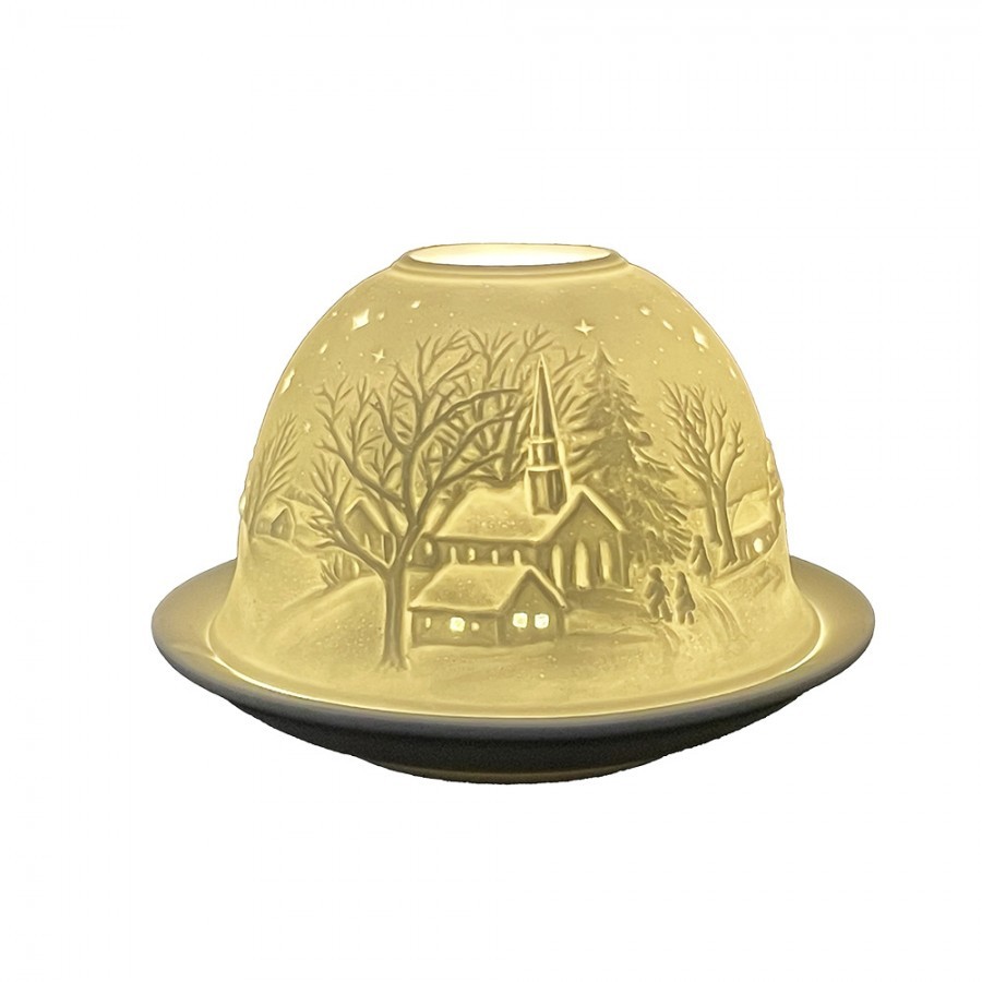 Bílý porcelánový svícen na čajovou svíčku zimní krajina Paollo - Ø 12 * 8 cm