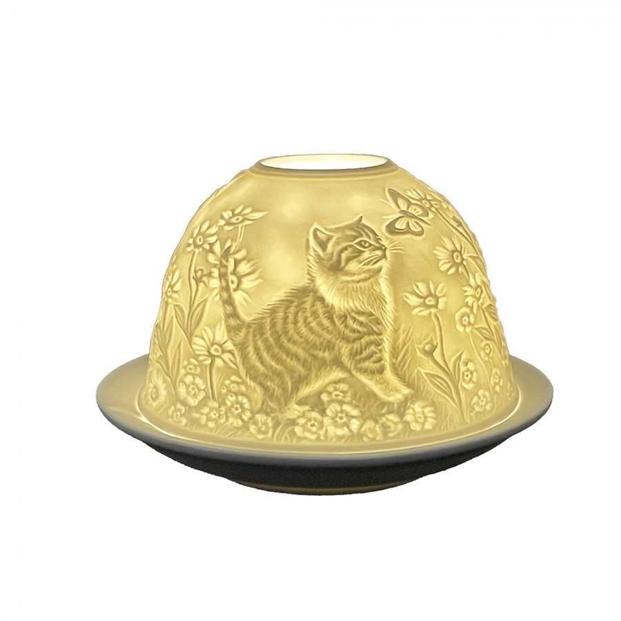 Bílý porcelánový svícen na čajovku s koťátky Paollo - Ø 12 * 8 cm Clayre & Eef Bílý porcelánový svícen na čajovku s koťátky Paollo - Ø 12 * 8 cm Clayre & Eef