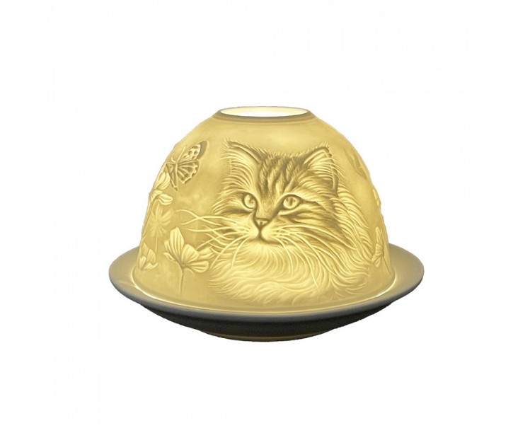 Bílý porcelánový svícen na čajovku kočička s motýlkem Paollo - Ø 12 * 8 cm Clayre & Eef