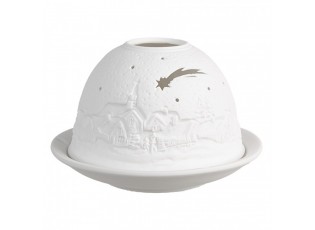 Bílý porcelánový svícen na čajovou svíčku s vánoční vesničkou Paollo - Ø 12 * 8 cm