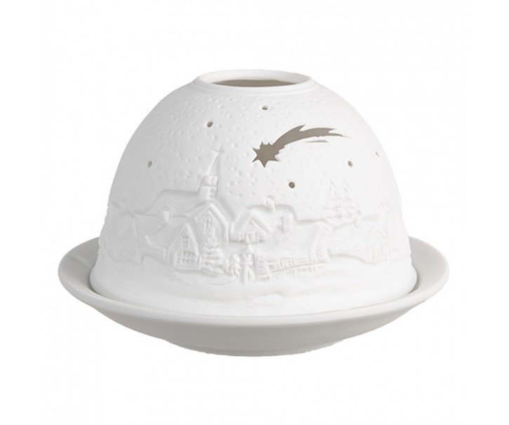 Bílý porcelánový svícen na čajovou svíčku s vánoční vesničkou Paollo - Ø 12 * 8 cm Clayre & Eef