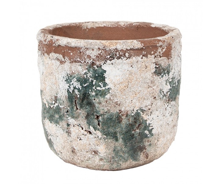 Dekorativní béžovo-zelený antik terakotový květináč Teracci M - Ø 14*12 cm Clayre & Eef