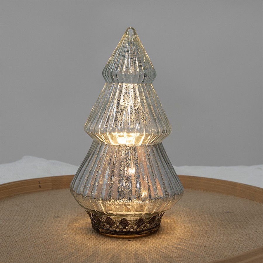 Stříbrný skleněný dekorační svítící stromek LED Tree - Ø 13*23 cm Clayre & Eef Stříbrný skleněný dekorační svítící stromek LED Tree - Ø 13*23 cm Clayre & Eef