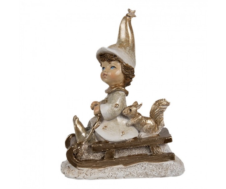 Béžovo-zlatá dekorace děvčátko skřítek s veverkou na sáních - 8*4*10 cm Clayre & Eef
