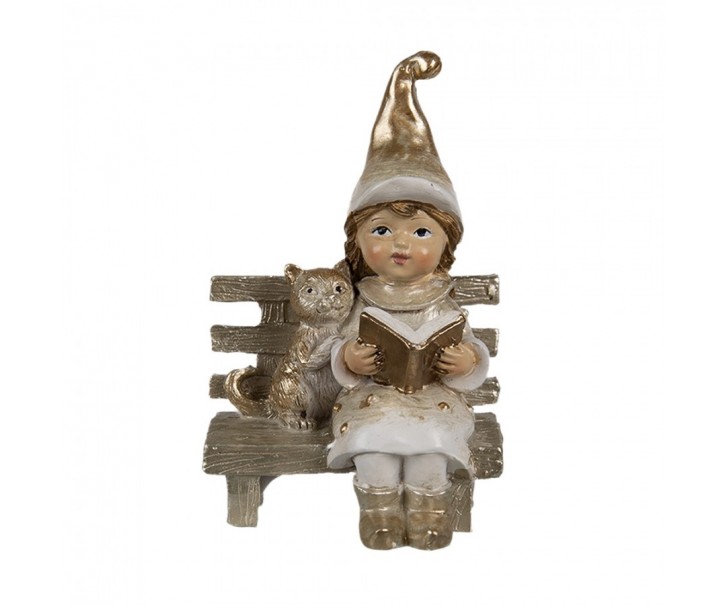 Béžovo-zlatá dekorace děvčátko s kočičkou na lavičce - 6*5*9 cm Clayre & Eef