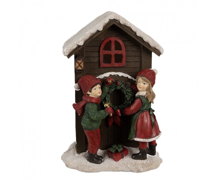 Hnědá vánoční dekorace svítící domek s dětmi - 13*10*20 cm Clayre & Eef